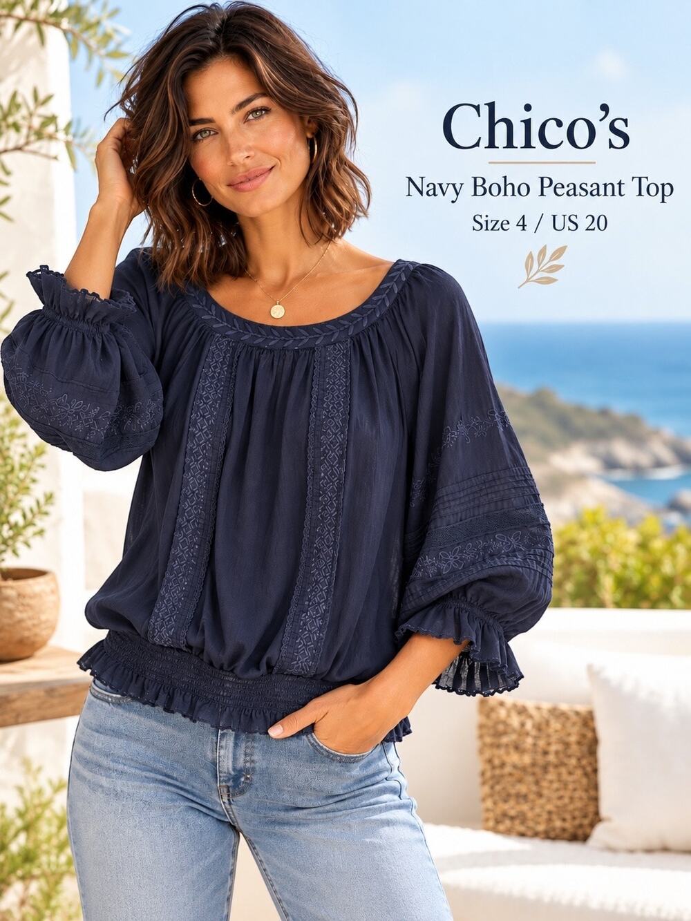 Chicoβs Navy Blue Boho Embroidered Cotton Peasant Top Size 4 XL